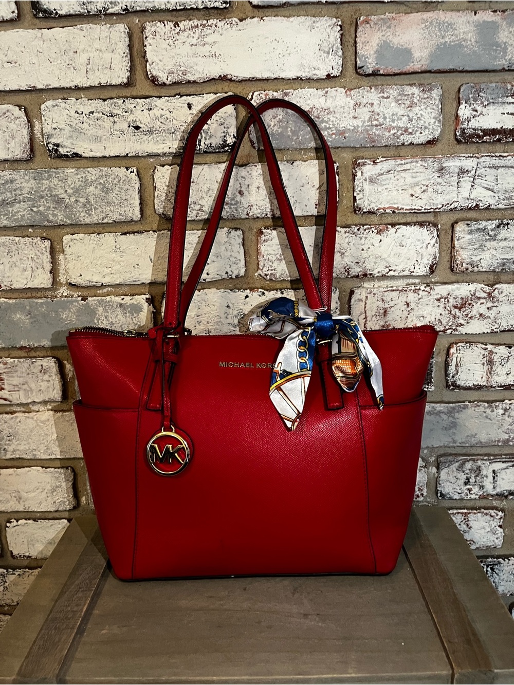 Michael Kors Red Saffiano Leather Tote with Scarf Accent